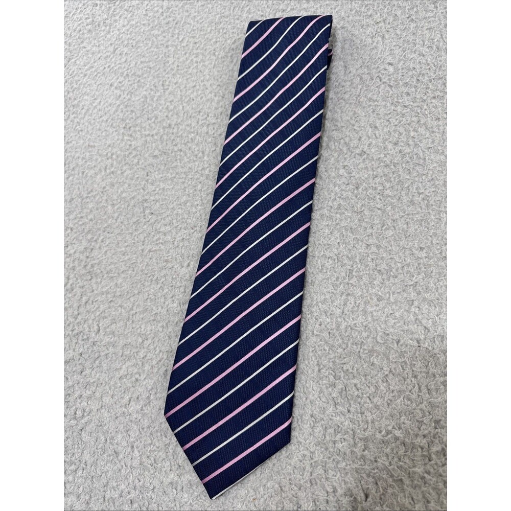 Burberry Men’s Tie – Classic Check–Navy Blue with Pink Accents –100% Silk